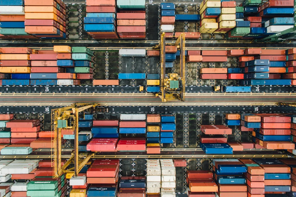 Stacked shipping containers seen from above